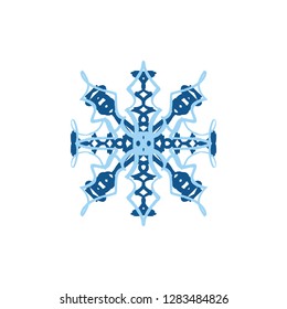 Vector blue color silhouette snowflake, stylized ink drawing, simple brush paint, ornate star, holiday symbol, hand drawn contrast element on white background, gouache strokes, fancy sketch