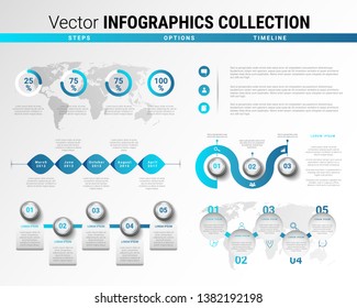 Vector blue colored infographic collection with option or step diagrams and charts, timelines and icons for brochure, report or presentation