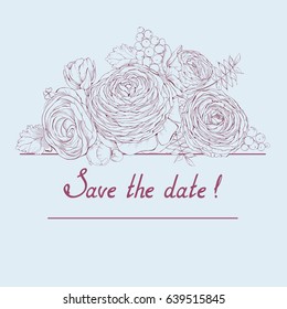 Vector blue colored square composition with gentle linear Ranunculus flowers and invitation text Save the date.