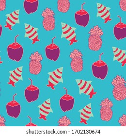 Vector blue colorful tropical beach items seamless pattern background