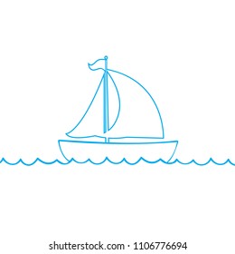 Vector blue contour outline  silhouette illustration of sailing ship transportation floating on sea waves. Yacht boat icon isolated on white background. 
