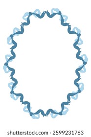Vector blue coquette frame with ribbon bows. Girly flat illustration wreath in retro vintage style for card, postcard, invitation, greeting card, wedding invite
