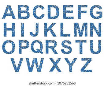 Vector blue crayons alphabet isolated on white background