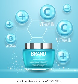 Vector blue cream cosmetic pack with vitamins and minerals. Water power