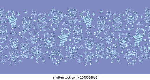 Vector blue creepy teddies violet seamless pattern