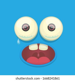 vector blue crying funny monster face. cartoon monster smiling face with big eyes and mouth for kids background, banners and greeting cards