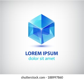 Vector Blue Crystal Cube Icon, Logo Isolated. 3d Geometric Shape