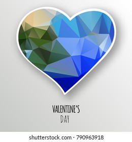 Vector blue crystal heart isolated on white background. Geometric rumpled triangular low poly style gradient graphic illustration. Polygonal badge design for your business.