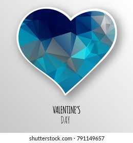 Vector blue crystal heart isolated on white background. Geometric rumpled triangular low poly style gradient graphic illustration. Polygonal badge design for your business.