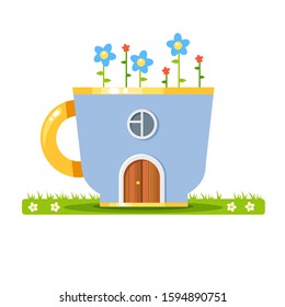 Vector blue cup house on grass with a round window, a door and flowers. Cute child summer illustration in a cartoon style. Bright lawn with flowers. Sweet home