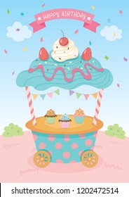 Vektorblauer Cupcake-Push-Karren auf Parkhintergrund-Party.Pastellfarbiges, niedliches Design für Geburtstagskarte.