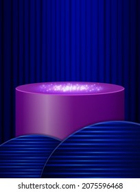 Vector blue curtain background with empty purple podium and neon shining shapes