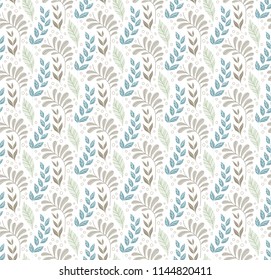 Vector Blue Cute Floral Seamless Pattern. Decorative Plant Background. Fabric Ornament texture with leaves and flowers.