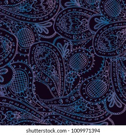 Vector blue damask paisley oriental pattern on black background.