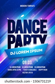 Vector Blue Dance Party Flyer Or Banner Design Template With Dynamic Light