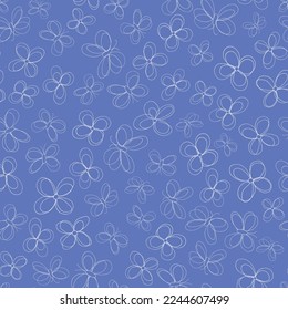 Vector blue Dark Flower Storm seamless pattern. Hand-drawn outlines of flowers and butterflies in front of a cornflower blue background. Part of Blossoms and Butterflies collection.