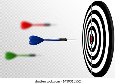 Vector blue dart arrows flying to target dartboard. Metaphor to target success, winner concept. Isolated on white transparent background.