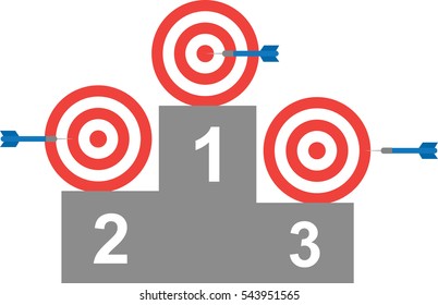 Vector blue dart red bullseye target on first, second and third positions on grey podium.