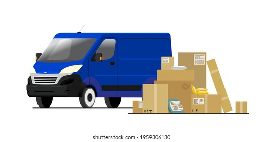 Vector blue delivery van with cardboard boxes. Transportation of goods, furniture, food delivery. Fast service car. Flat style isolated on white background.