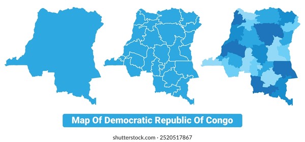 Vector Blue Democratic Republic of the Congo political maps with borders regions simple flat illustration set 