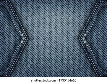 Vector blue denim abstract banner with angle patches containing blue stitchers and silver spangles.