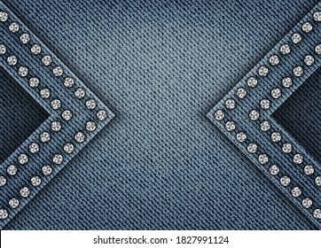 Vector blue denim abstract banner with wedges with silver spangles.