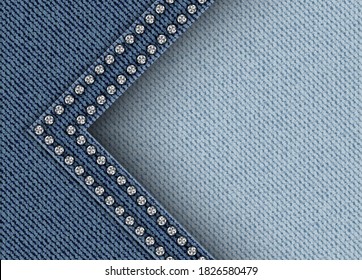 Vector blue denim banner with angle border with rows of silver sequins.