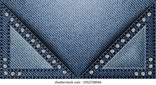 Vector blue denim banner with triangle elements with stitches and sequins.