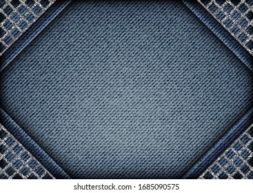 Vector blue denim design with silver glitterng lattice angles on denim background.