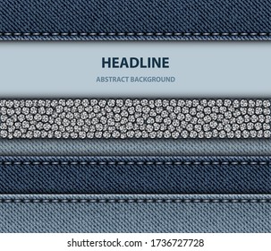 Vector blue denim design with stitching stripes, round silver sequins and area for image or text.