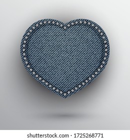 Vector blue denim heart frame with silver sequins on boundary. 