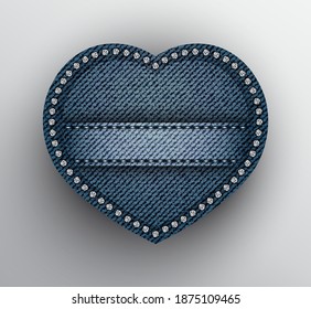 Vector blue denim heart with stitched stripe and silver sequins on boundary.  
