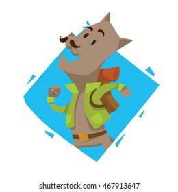 Vector blue diamond-shaped frame with cartoon image of a funny gray cat-tourist in green jacket, brown belt with a brown backpack on his back walking in the center on a white background. Traveler.