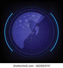 Vector blue digital radar air search Military search system. Navigation interface wallpaper Navy sonar.