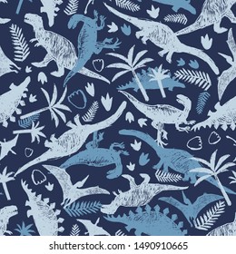 Vector blue dinosaur sketch repeat pattern with chaotic arrangement. Perfect for textile, giftwrap and wallpaper.