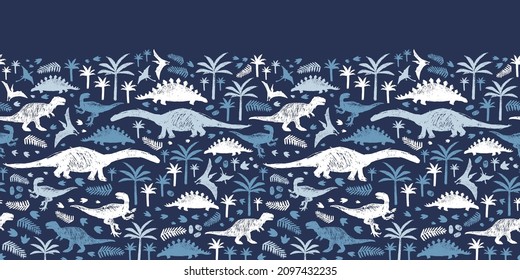 Vector blue dinosaur sketch repeat horizontal border pattern. Perfect for wall mural, banners or posters.