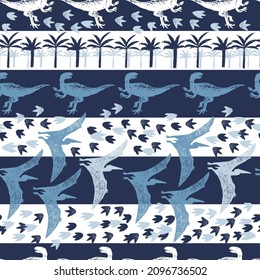 Vector blue dinosaur sketch stripes repeat pattern with flying dinos, foot prints and trees. Perfect for textile, giftwrap and wallpaper.