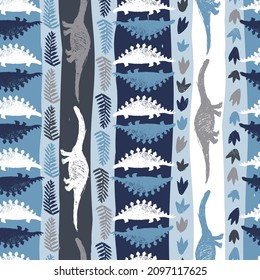Vector blue dinosaur vertical stripes arrangement sketch repeat pattern. Perfect for textile, giftwrap and wallpaper.