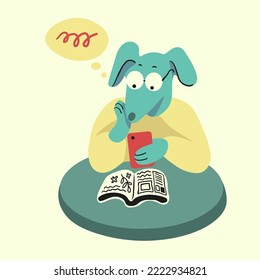 vector blue dog with glasses reading at a round table