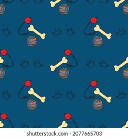 Vector blue dog puppies paw and toys seamless background pattern