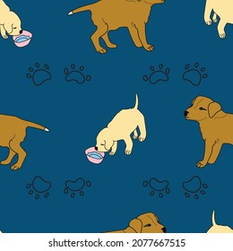 Vector blue dog puppies with paw footprint seamless background pattern