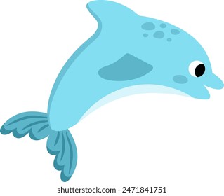 Icono de delfín azul Vector. Bajo el mar ilustración con lindo pez divertido. Clipart de animales oceánicos. Dibujos animados bajo el agua, sirena o arte de Clip marino para niños aislados sobre fondo blanco
