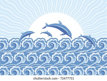 Vector blue dolphins jumping in sea