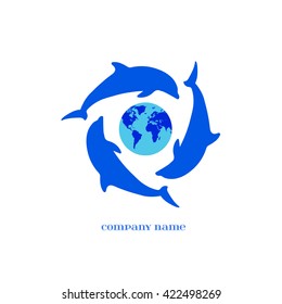 Vector Blue Dolphins Silhouettes around Earth over white. Elements for oceanarium, aquarium, logo, and other your eco designs. Dolphin Icon.