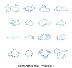 vector blue Doodle big set of Hand Drawn Clouds. Illustrations isolate on white background.