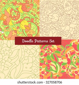 vector blue doodle floral pattern set
