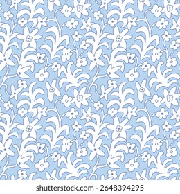 Vector blue doodle floral seamless pattern. Stylish summer tropical print for fabric, wallpaper or wrapping paper. Rapeated botanical texture.