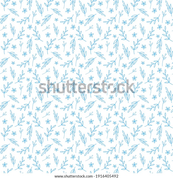 Vector Blue Doodle Leaves Seamless Pattern Stock Vector Royalty Free