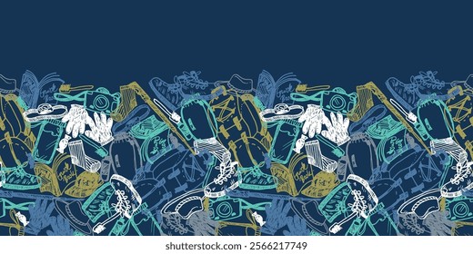 Vector blue doodle sketch chaotic overlap horizontal border pattern with objects for trekking and hiking. Suitable for outdoor activity posters and trekking brochures.