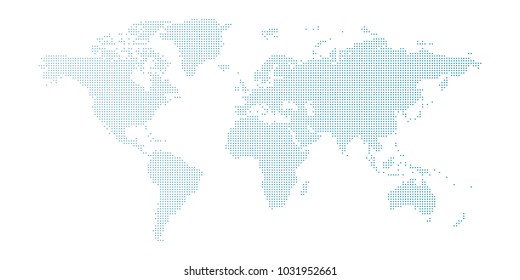 Vector blue dotted world map isolated on white background.